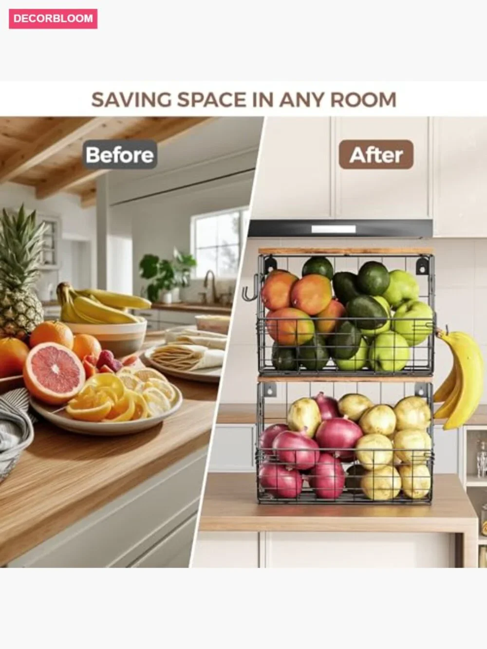 Stackable Metal Fruit Basket with Wood Lid 2 Pack, Hanging Wall Organizer for